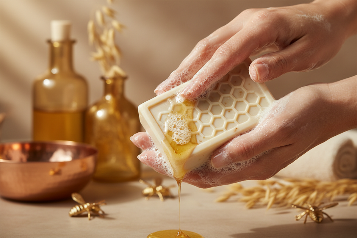 Jabón natural de avena y miel con diseño de panal - hidratación profunda