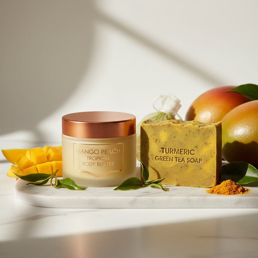 Set Despertar Frutal & Antioxidante - Jabón Cúrcuma & Té Verde + Mantequilla Mango & Durazno