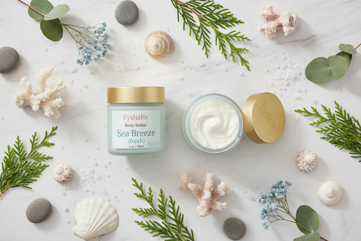 Aerial flatlay of EyshaKv Sea Breeze Body Butter with ocean-inspired ingredients on marble